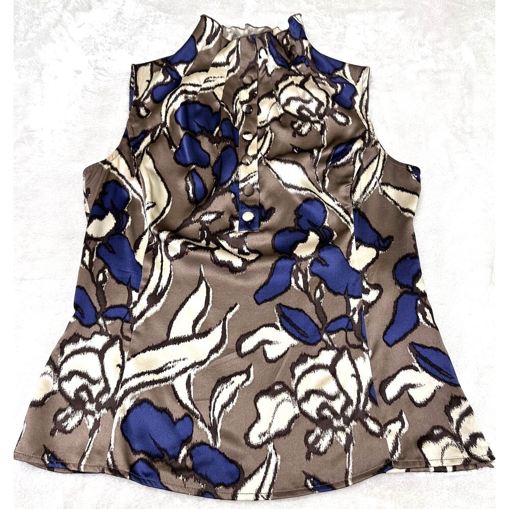 ETCETERA Women's Taupe/Blue Floral Silk Mock Neck Sleeveless Top Blouse Sz 6 - Picture 8 of 14